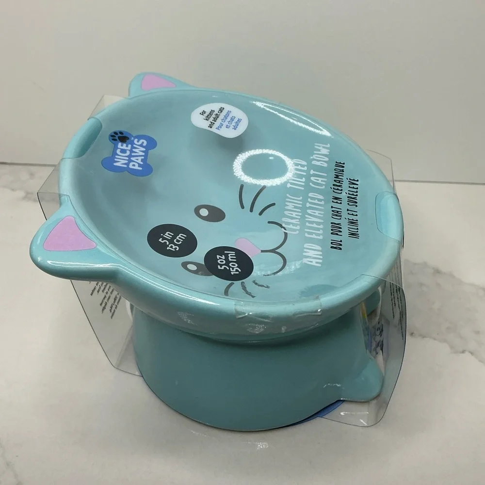Teal Cat Ceramic Pet Bowl - Cute Heart Nose Design Elevated new